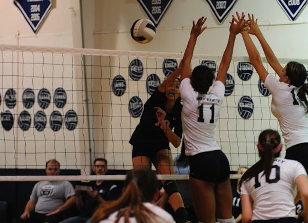 Freshman Giao Huynh spikes the ball during a match in the West Shore gym.