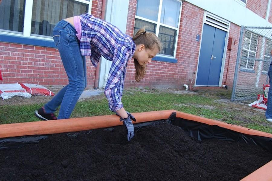 Senior Natalie Mann fills a garden bed with soil.