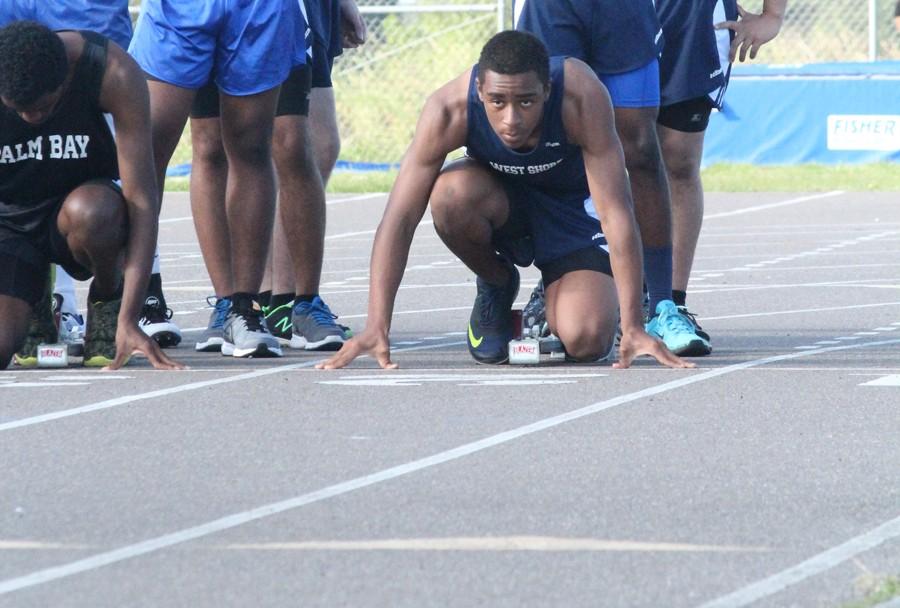 Junior Christian Walker lines up at a Palm Bay track meet.