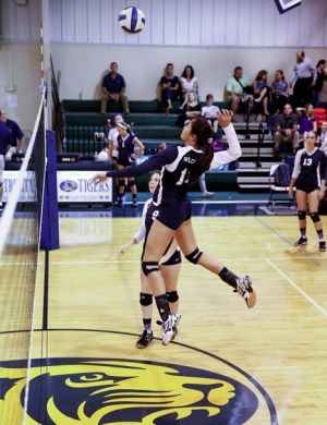 Sophomore Giao Huynh sets up to spike the ball as junior Louisa Delahoz looks on.