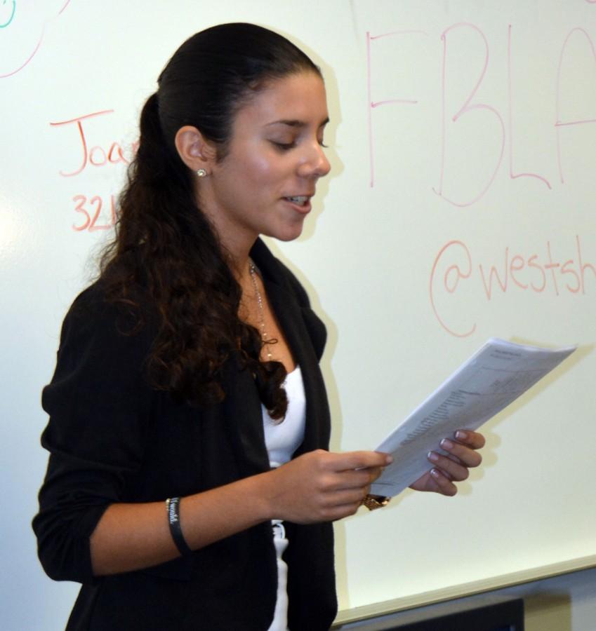 Junior Joanna Latorre addresses the Future Business Leaders of America recently.