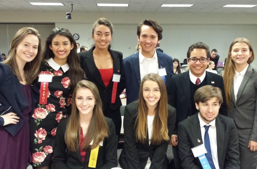 Members of the West Shore Model Student Senate team included Hannah Montgomery, Rachel Montgomery and Geoffrey Garrido. Back row: Ashley Norris, Ana Rosal, Molly Redito, Gianni Valenti,  Sergio Carlos and Nicole Conde.