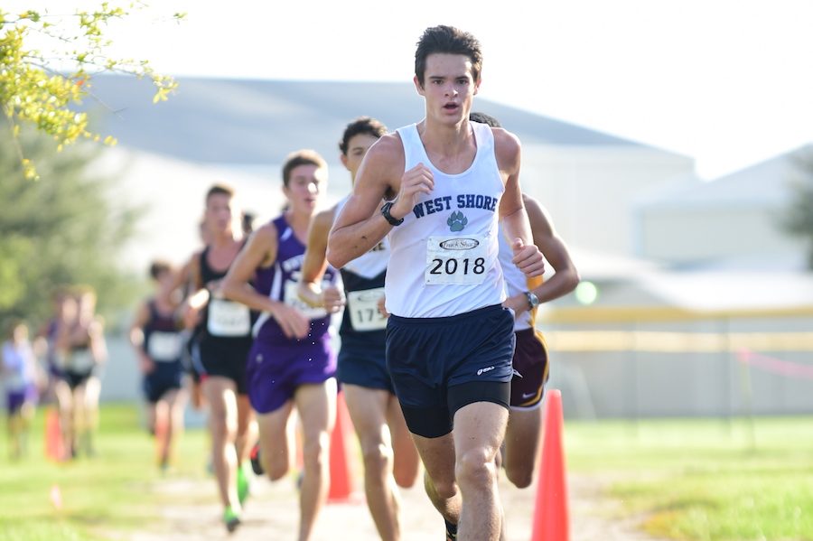 Senior Austin Camps leads all other runners at a Cross Country meet