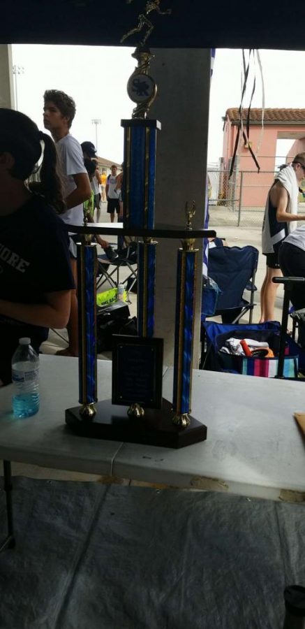 The first place trophy given to the girls cross country team.