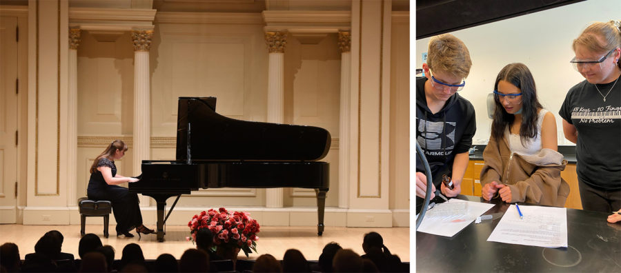 Richardson performed at Carnegie Hall in March, 2016 after competing in American Proteges International Competition of Romantic Music. / Richardson works with sophomores Cole Murray and London Burke to test chemical reactions with sodium chloride.