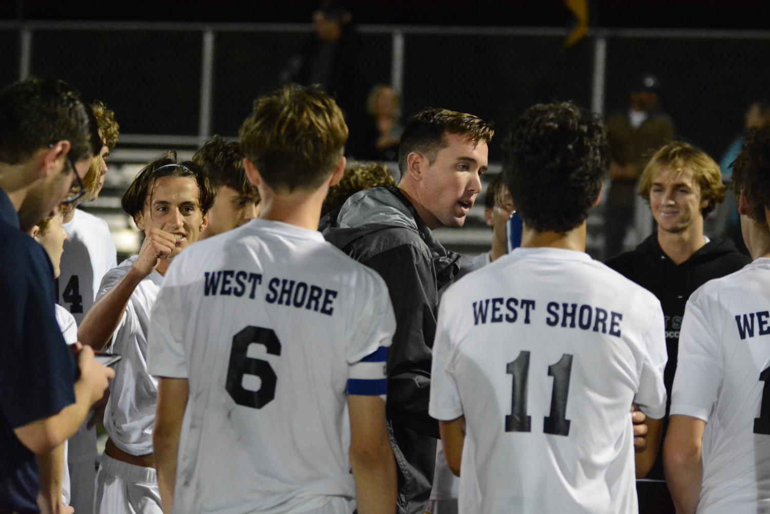 Varsity soccer Coach Austin Downie gives a half time speech at the away game against Holy Trinity. West Shore won 2-1, the first time in four years that the team was able to beat Holy Trinity. 