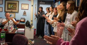 The High School Women's Choir sings an original birthday song to celebrate Mr. Fleming's 58th birthday on Jan. 24th. "We practiced the happy birthday with our new teacher," junior Allie Ward said. "We were excited to get to sing to him for his birthday."