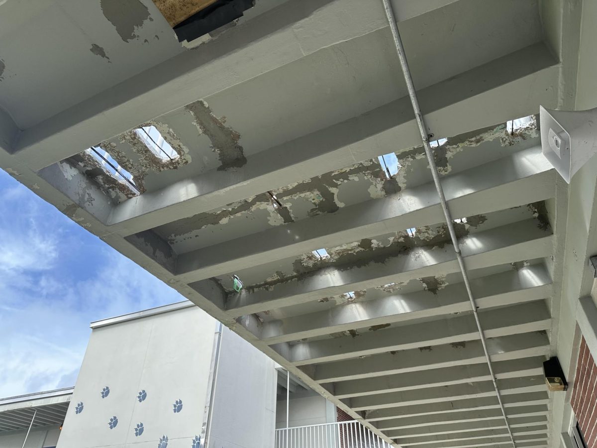 The concrete spalling in front of the guidance office consists of around 54 spots in the overhanging walkway.