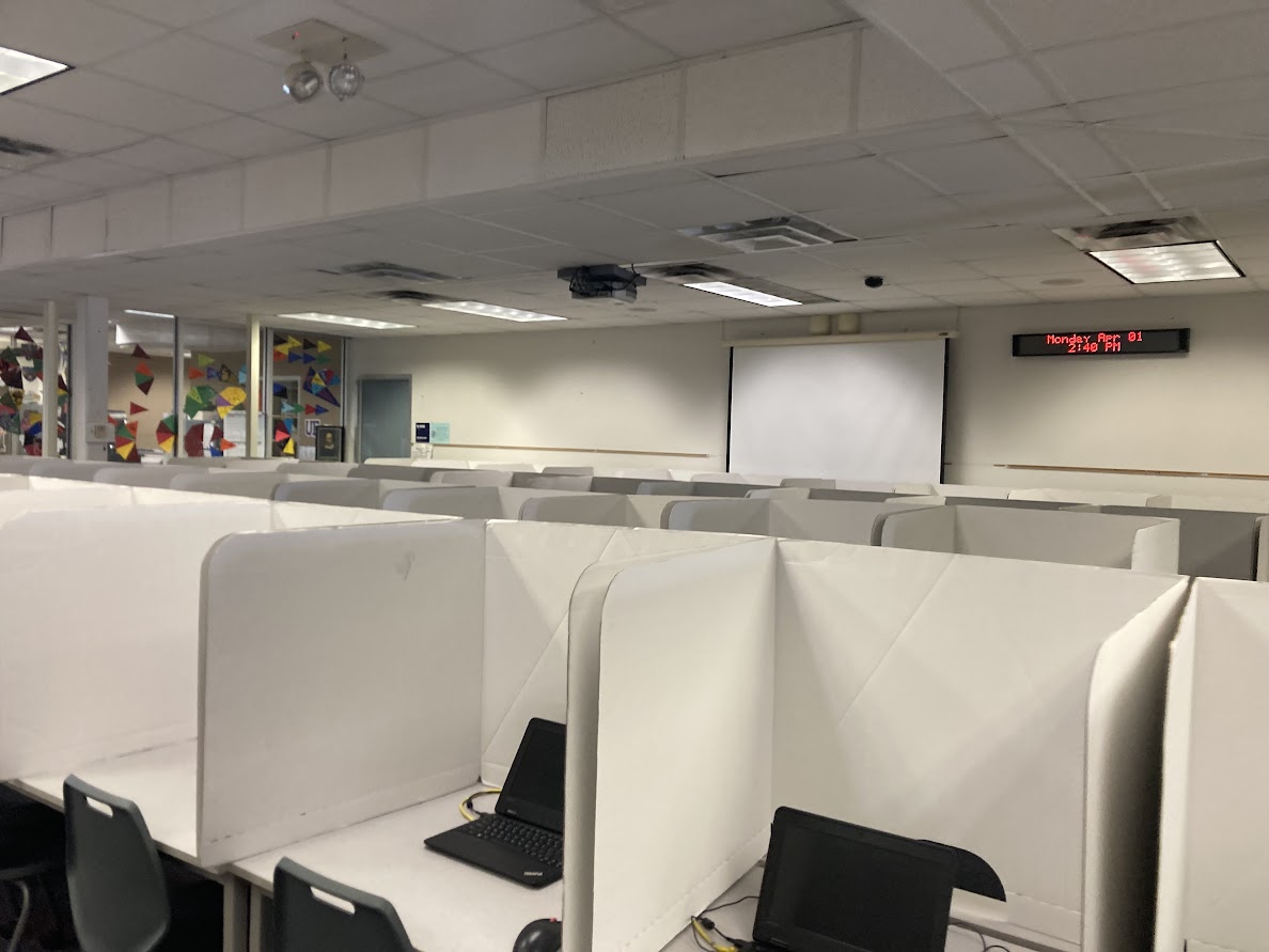White dividers are lined up in the computer lab in the media center April 1, prior to the B.E.S.T assessment administration April 2.