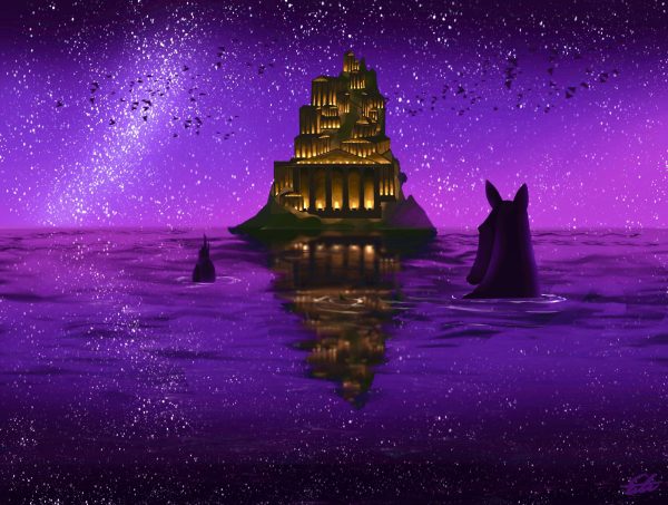 Freshman Eileen Hatch’s digital artwork for the Latin States competition which features Olympus and two hippocampi.
“ Most times, Olympus is depicted as a place in the sky, far above mortals’ reach. This piece is meant to show it instead as a place where heroes can go at the end of their journey — a serene destination for those who can find it,”Hatch said. 