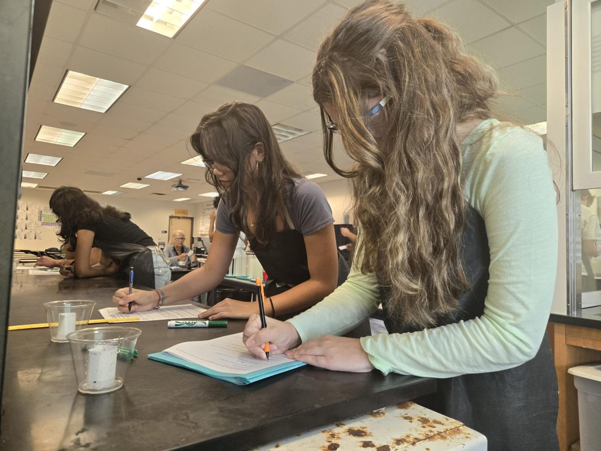 Using paper chromatography,  juniors Peyton Sheehan and Abigail Floyd participate in a lab in their AP Chemistry class. "I love AP Chem because the labs have been really interesting so far," Sheehan said. "Plus Mrs. Gregor makes the class fun for us."