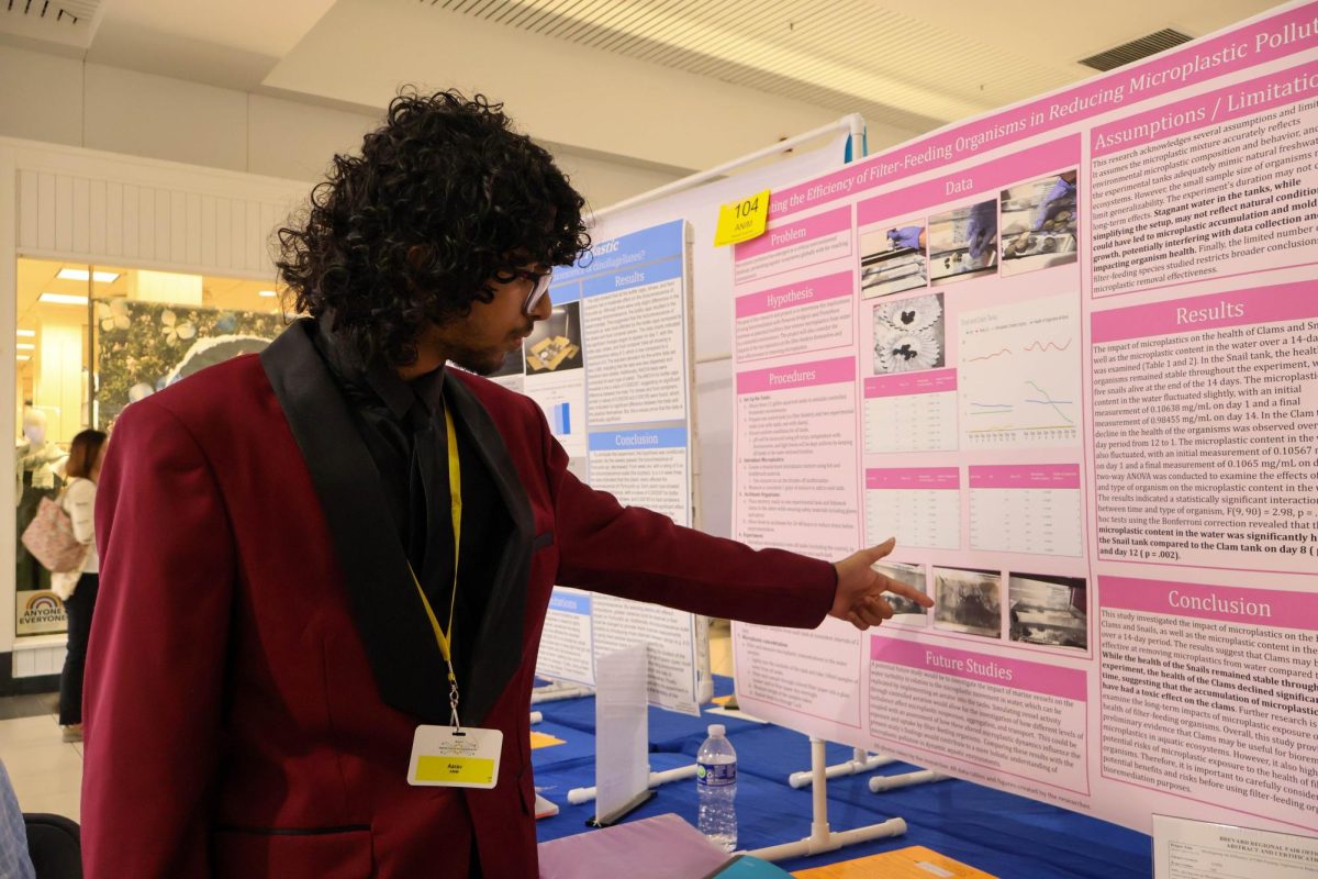 Senior Aarav presents his science fair project at the Melbourne Square Mall for competition on Feb. 7. “I felt really good about it,” Panchal said. “Talking to the judges was my favorite part. I learned so much from them.”