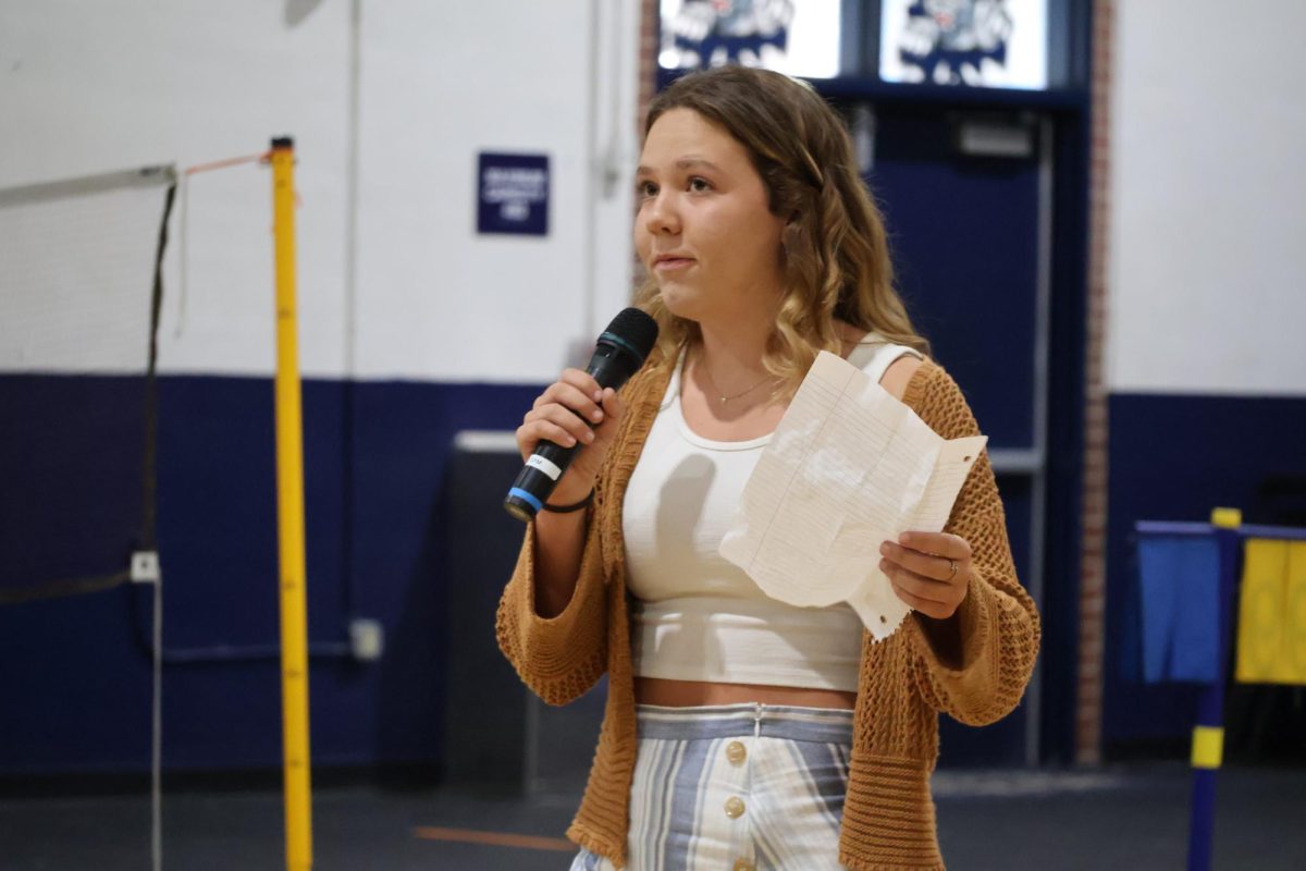 Junior Danielle Sorgenfrei, who is running for senior class vice president, gives her campaign speech on April 23.