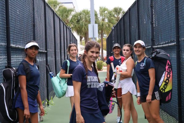 (from left to right) Freshman Nikita Sinha, freshman Ava Paullin, senior Aubrey Reiter, junior Rhea Sinha, senior Katherine Arcadier and seventh grader Sophia Goranovic pose before competing against Benjamin High School for the regional competition on April 22.