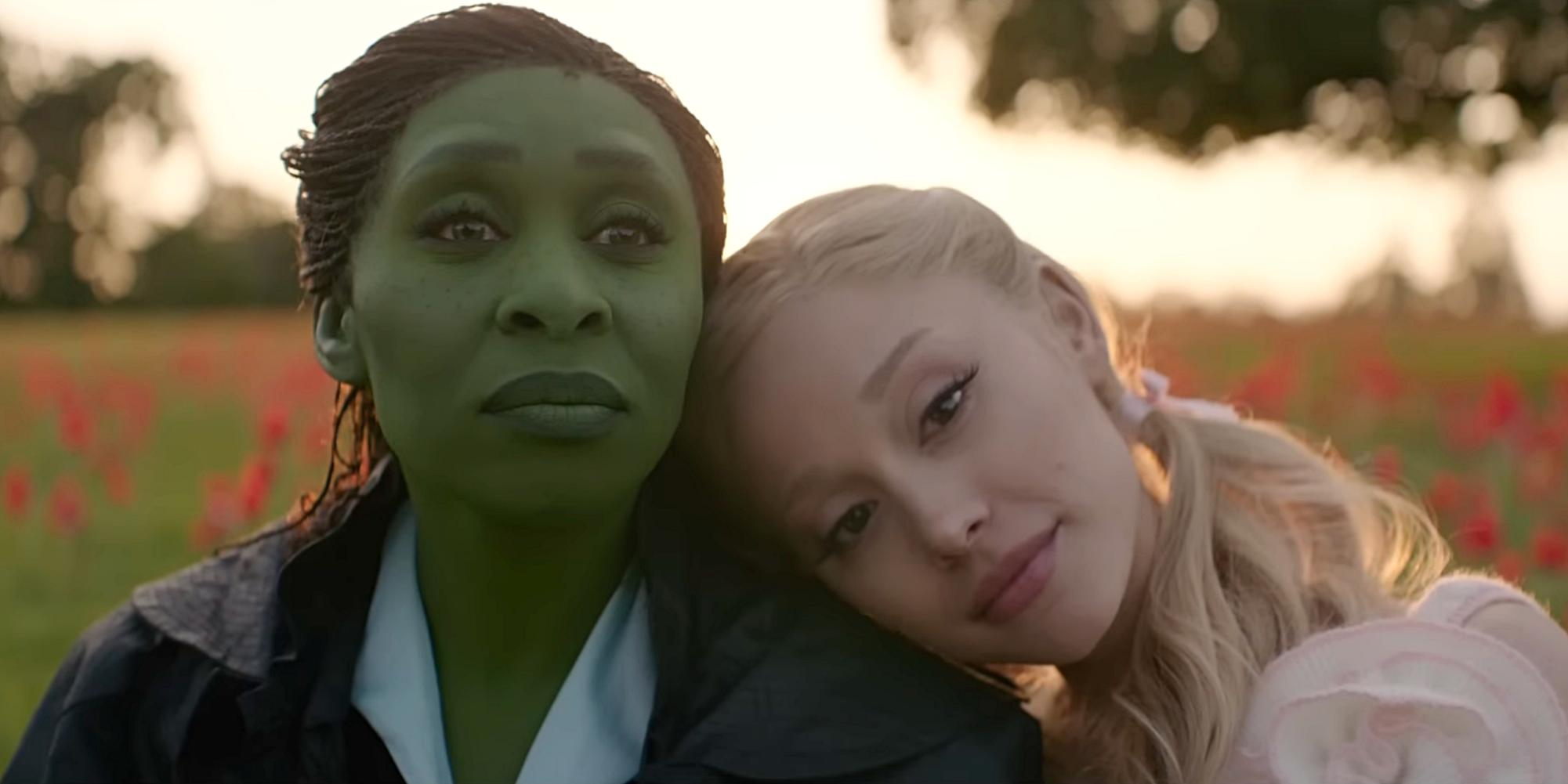 Glinda, played by Ariana Grande (right), leans her head on Elphaba, played by Cynthia Erivo, in the film “Wicked: For Good.”