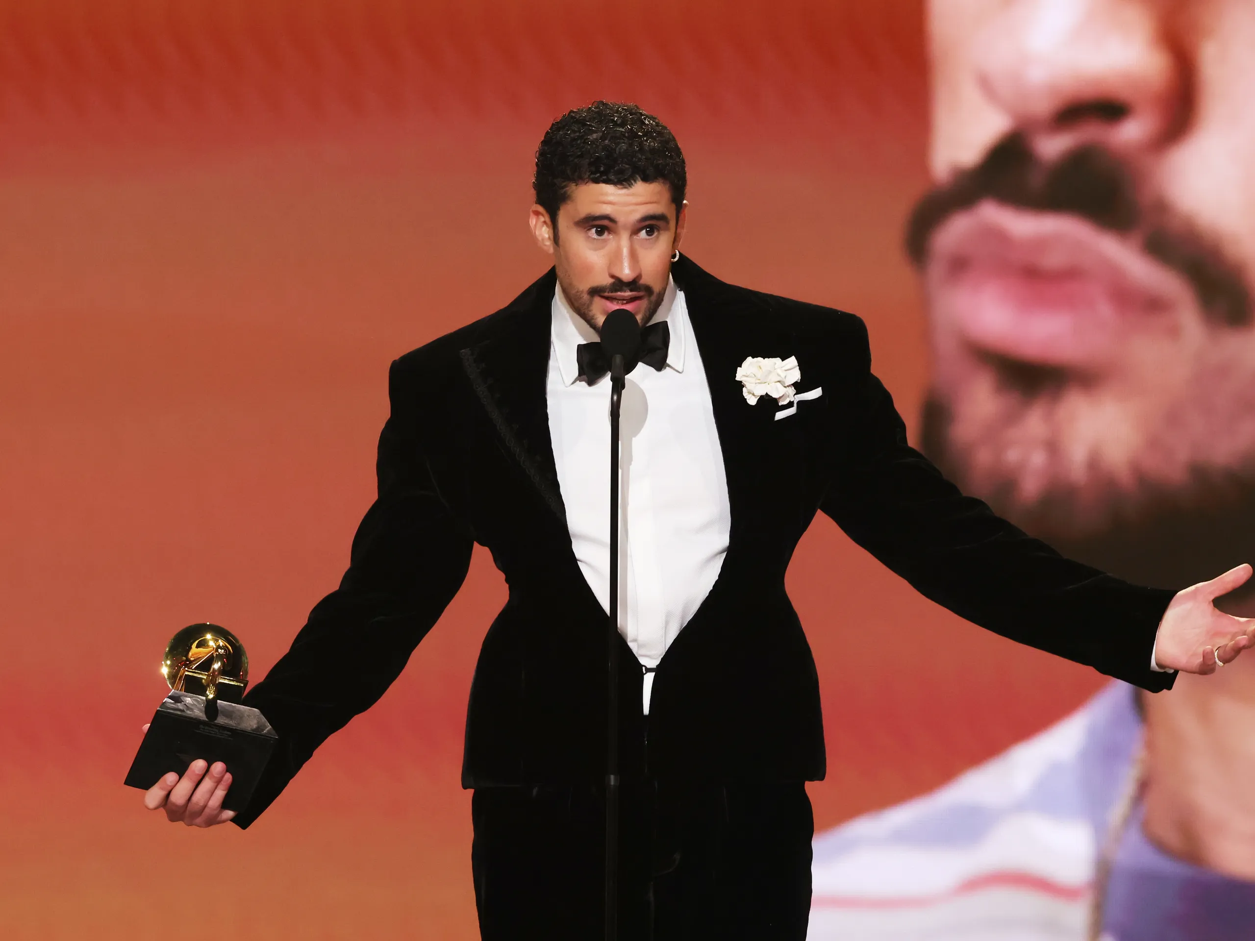 Making history, Bad Bunny accepts his award for Album of the Year at the 68th annual Grammy awards.