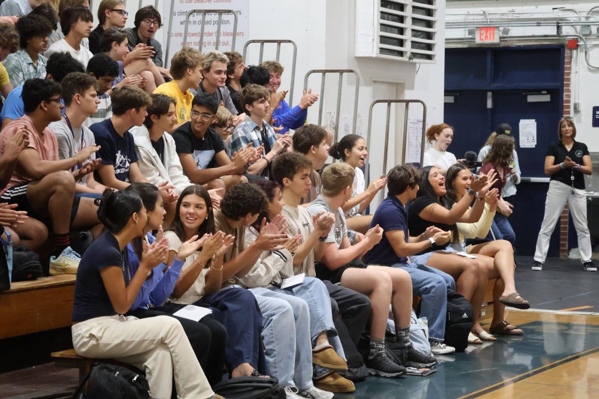 The junior class applauds the end of the senior class candidate speeches in the gym on Wednesday, April 22. 