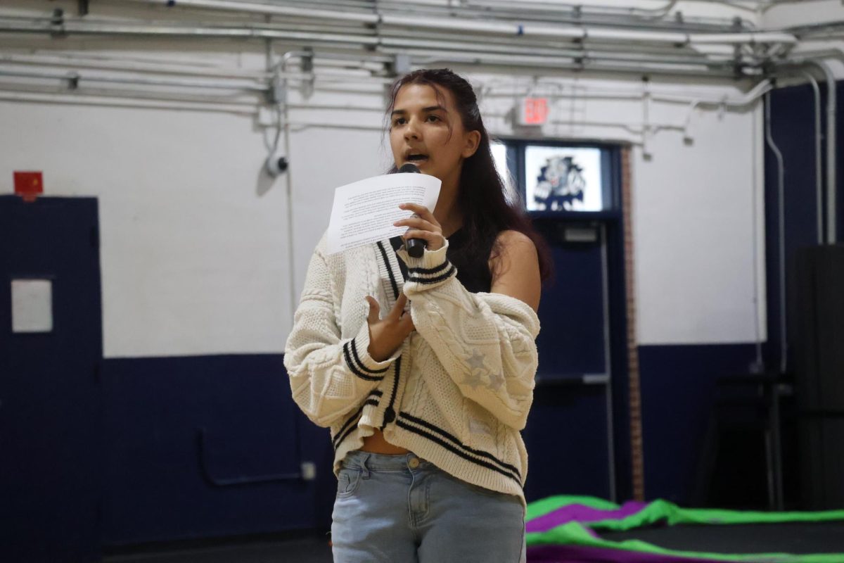 Talking about the work she did for the junior class, senior class historian candidate Paulette Pozo gives her campaign speech in the gym on Wednesday, April 22. 